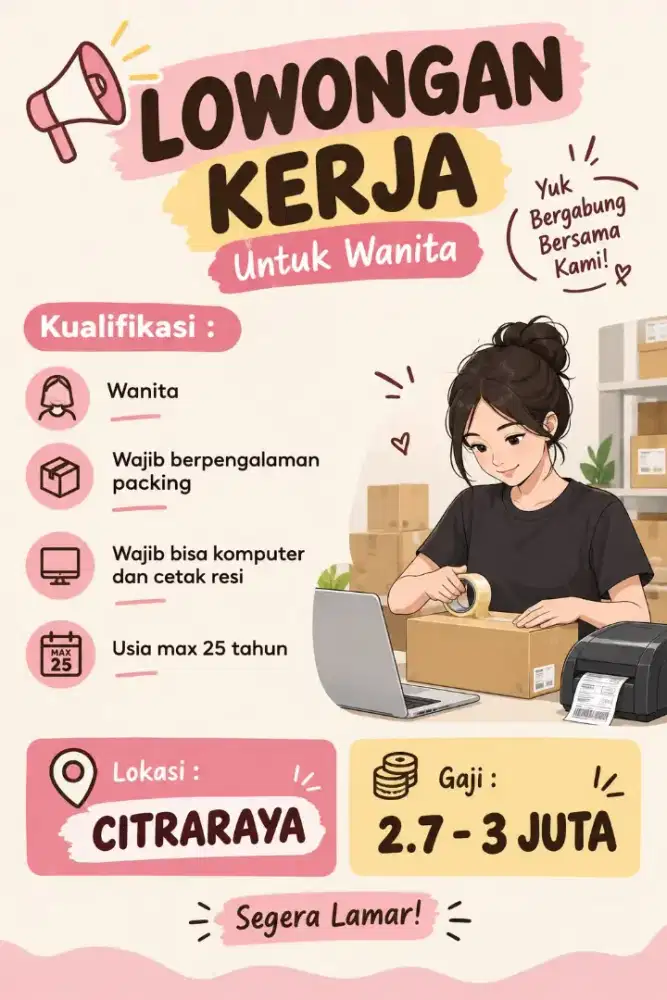DICARI PEREMPUAN BERPENGALAMAN ADMIN OLSHOP + PACKING