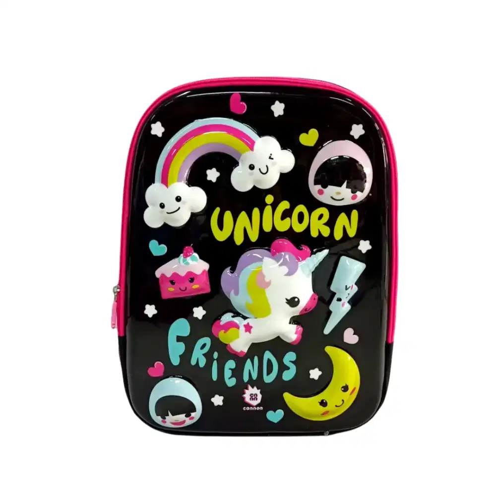 Tas Ransel Anak sekolah unicorn timbul 3D hitam resleting pink