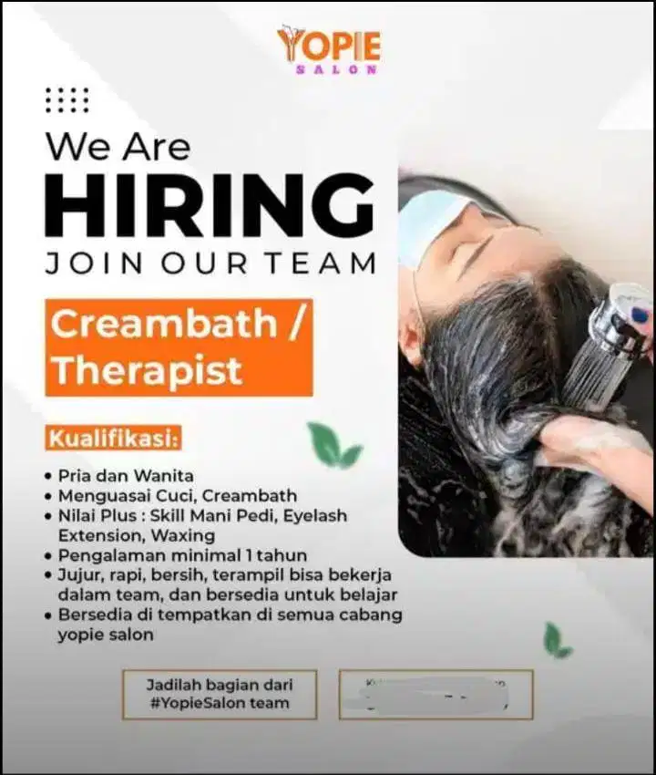 Dicari Tenaga Creambath dan stylist untuk Yopie salon tanggerang city