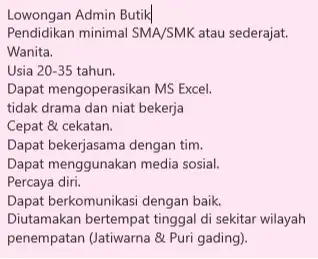 lowongan pekerjaan posisi Admin Butik