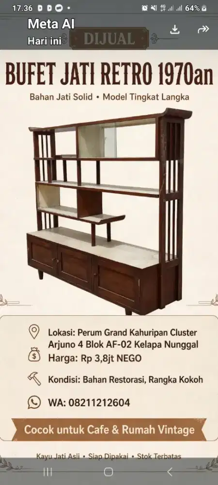DIJUAL Buffet Jati Retro 1970-an