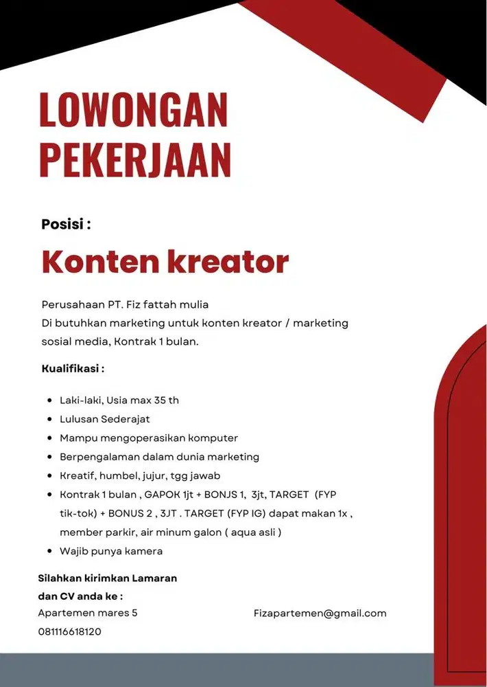 Di butuhkan marketing konten kreator sosmed