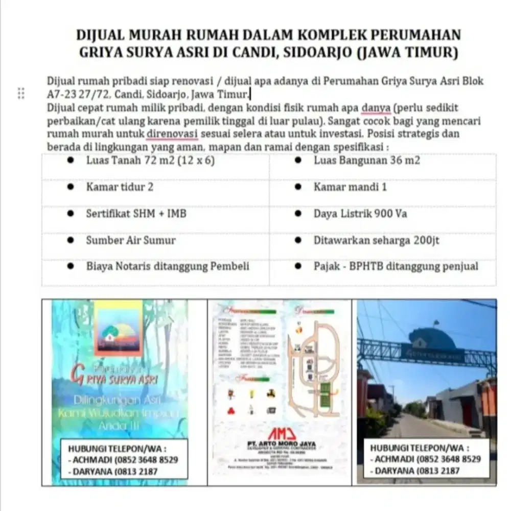 Dijual Murah dalam Komplek Perumahan Griya Surya Asri, Candi Sidoarjo
