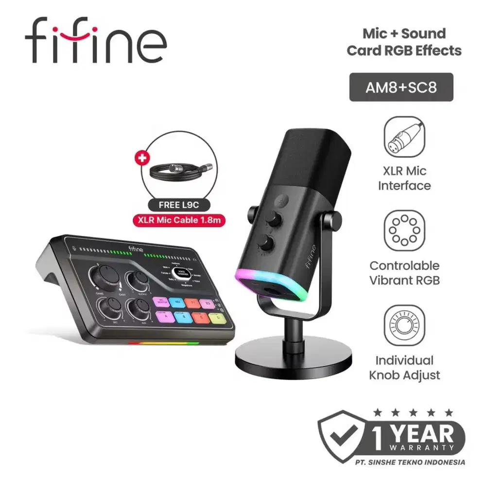FIFINE Bundling AM8 + SC8 Microphone USB XLR Souncard Rgb Streaming Pd