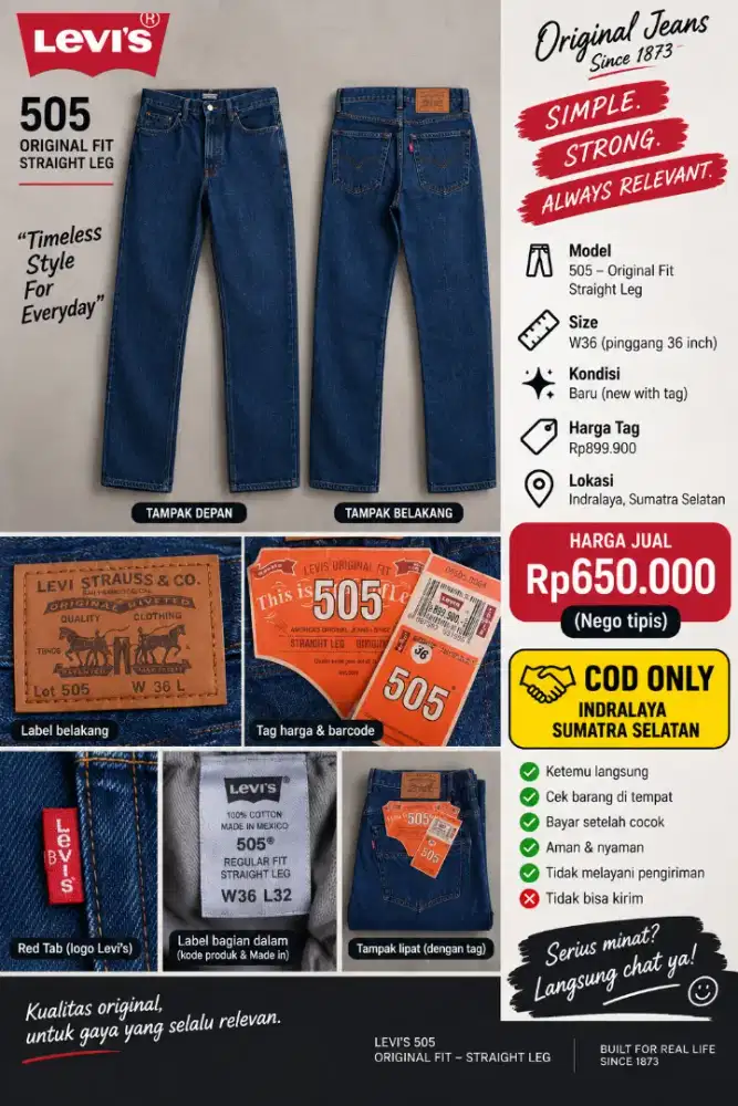 Levi’s 505 Original Fit W36 Baru + Tag | COD Indralaya