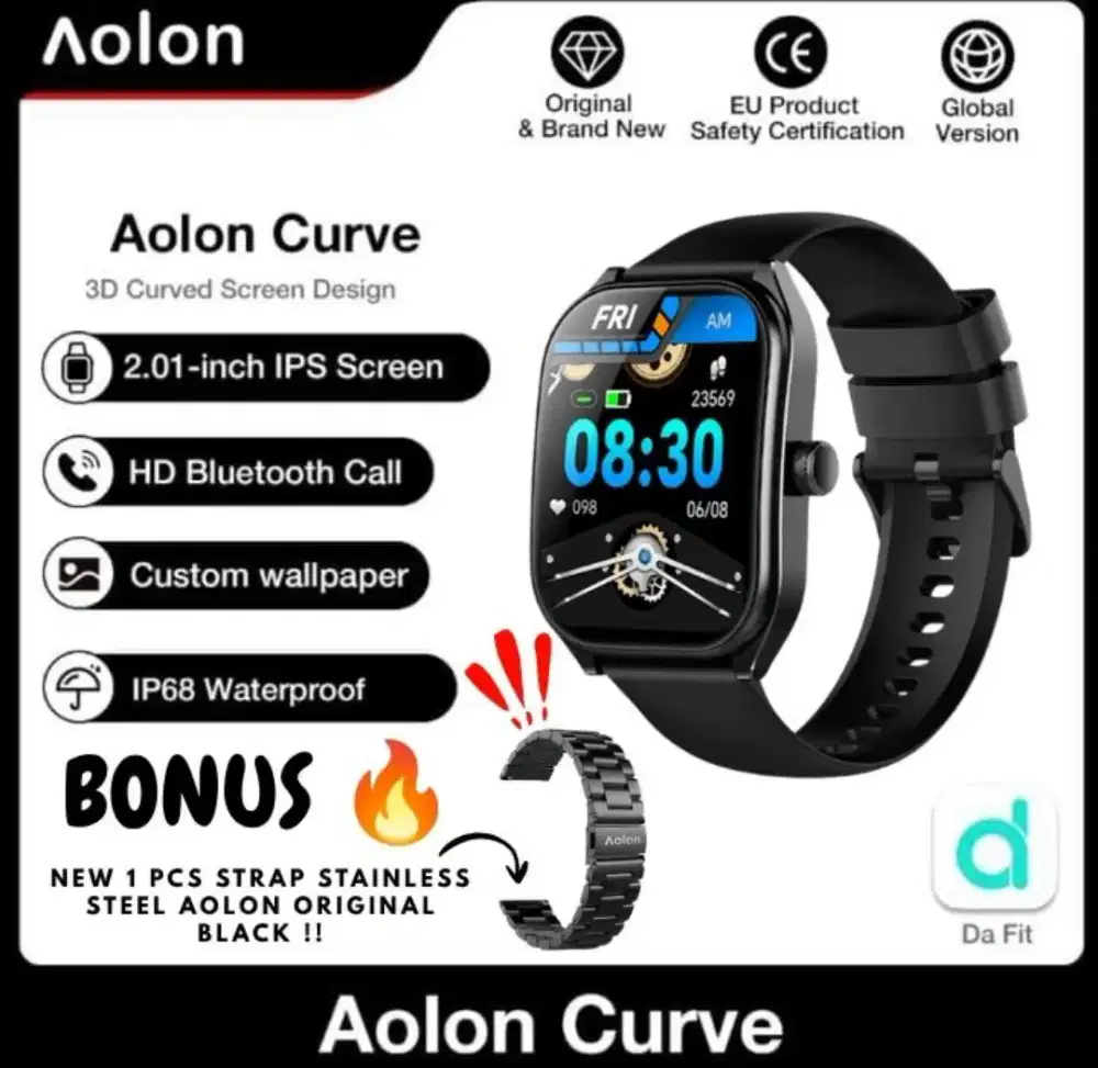 AOLON CURVE SMARTWATCH ORIGINAL + BONUS STRAP STAINLESS STEEL BLACK !!
