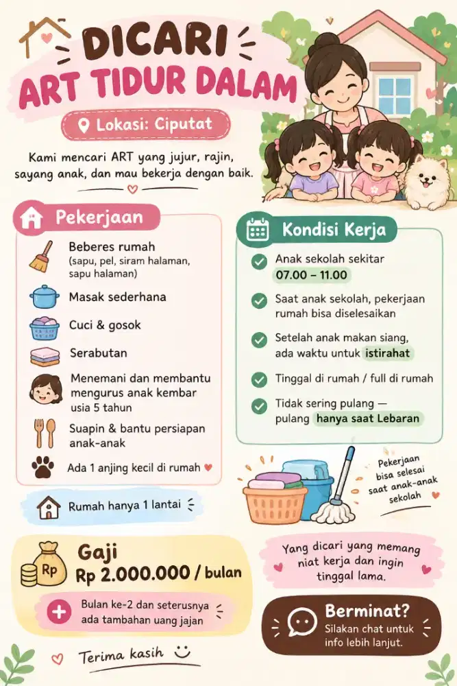 Dicari ART serabutan tidur dalam