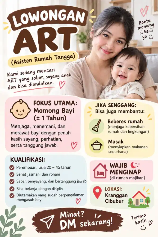Dibutuhkan Loker ART, fokus momong