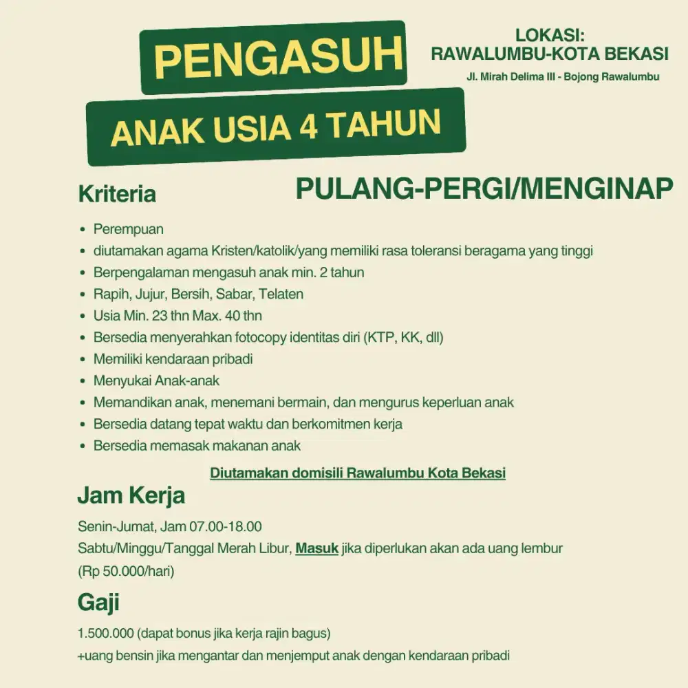 Dibutuhkan segera pengasuh anak umur 4 th