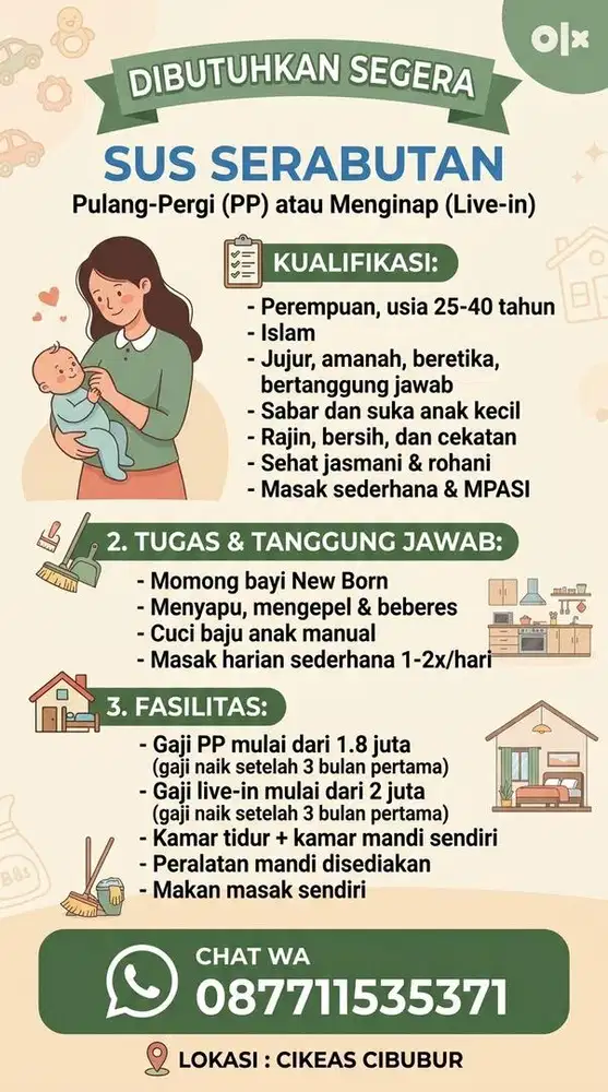 DIBUTUHKAN SUS SERABUTAN PP/LIVE-IN (MAJIKAN LANGSUNG)
