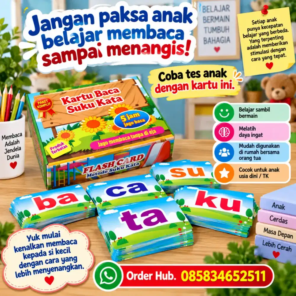 Flash Card Kartu Baca Tanpa dieja Mainan Edukasi Latihan baca buku