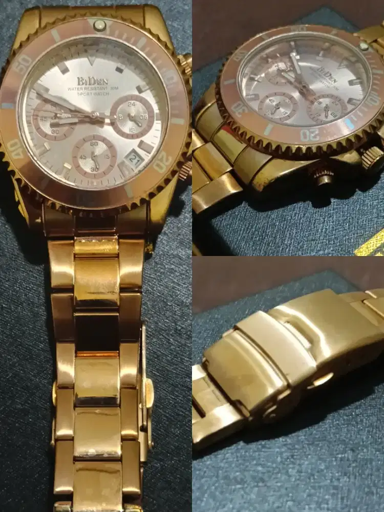 Jam Tangan Pria BIDEN Original Chronograph Stainless Steel Gold