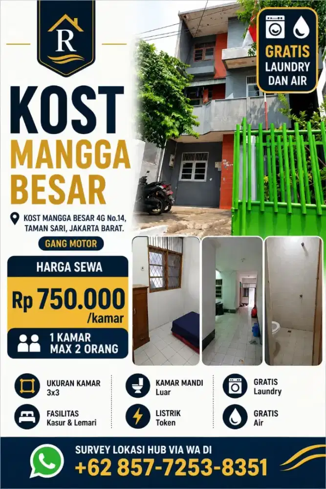 Kost Mangga Besar Rp750 Ribu/Bulan, Gratis Laundry dan Air