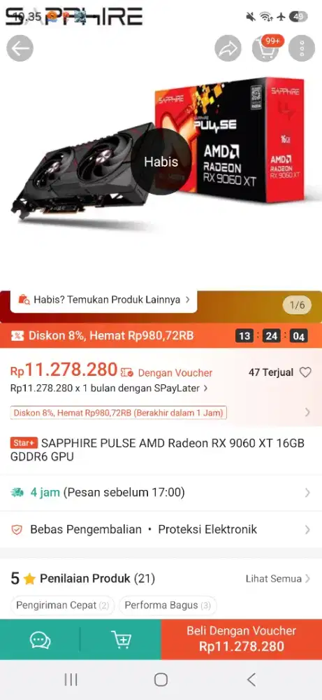 Sapphire pulse AMD Radeon RX9060 XT 16GB GDDR6 GPU
