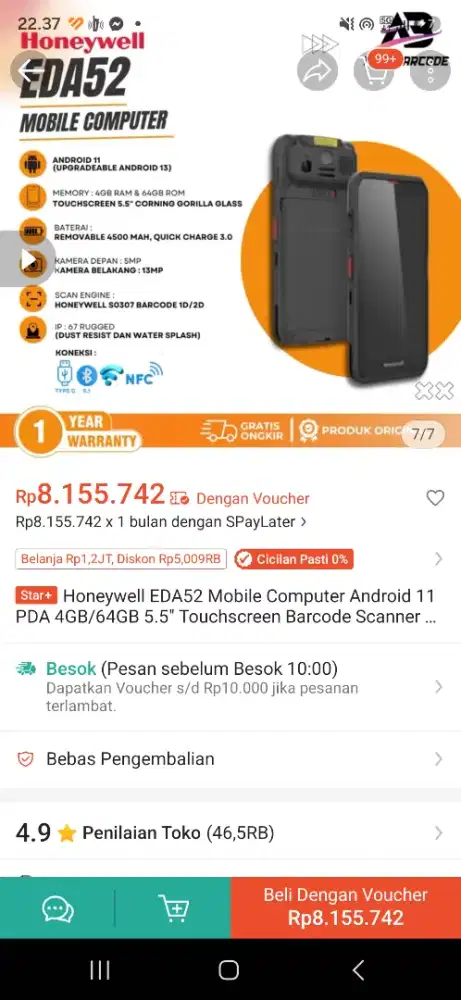 Honeywell ScanPal EDA52 scan barcode android