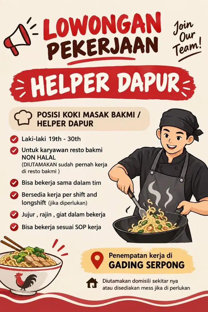 LOWONGAN HELPER DAPUR / TUKANG MASAK BAKMI