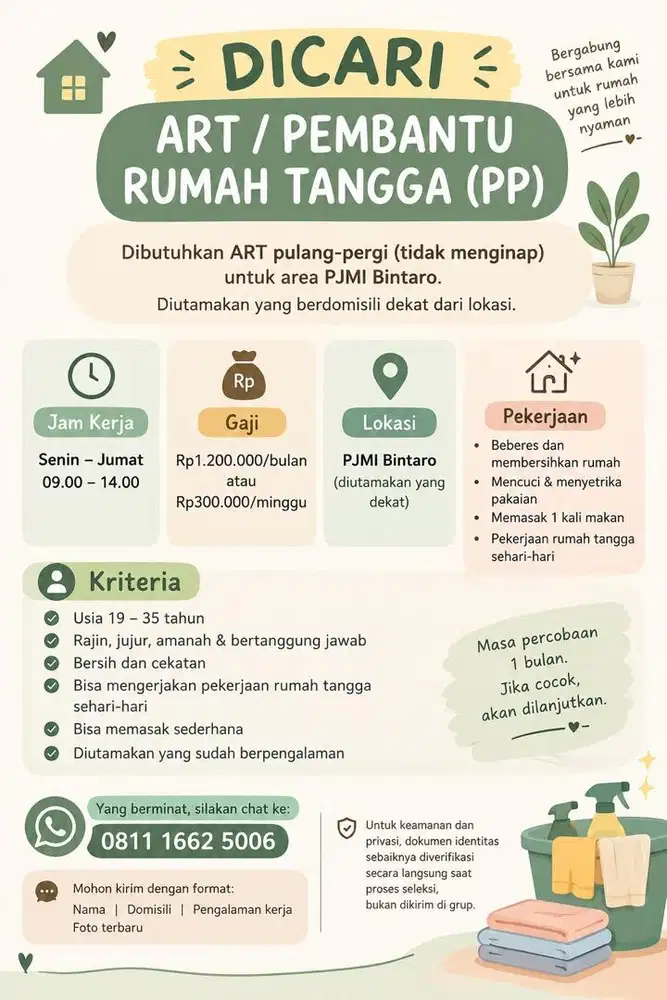Lowongan ART/PRT (pulang pergi)