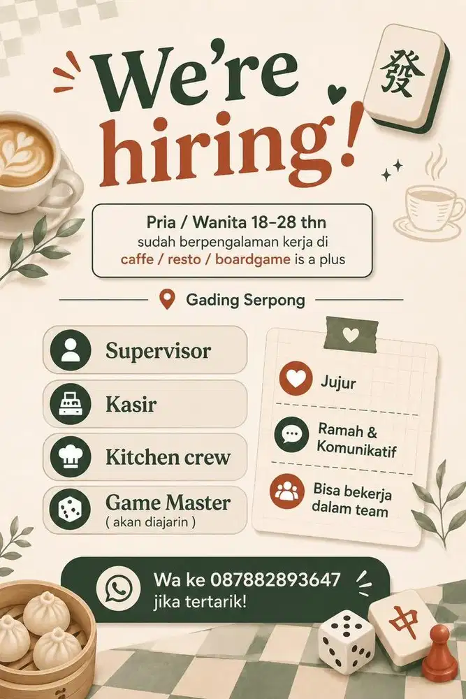 LOKER KASIR / WAITRESS / KITCHEN CREW / GAME MASTER