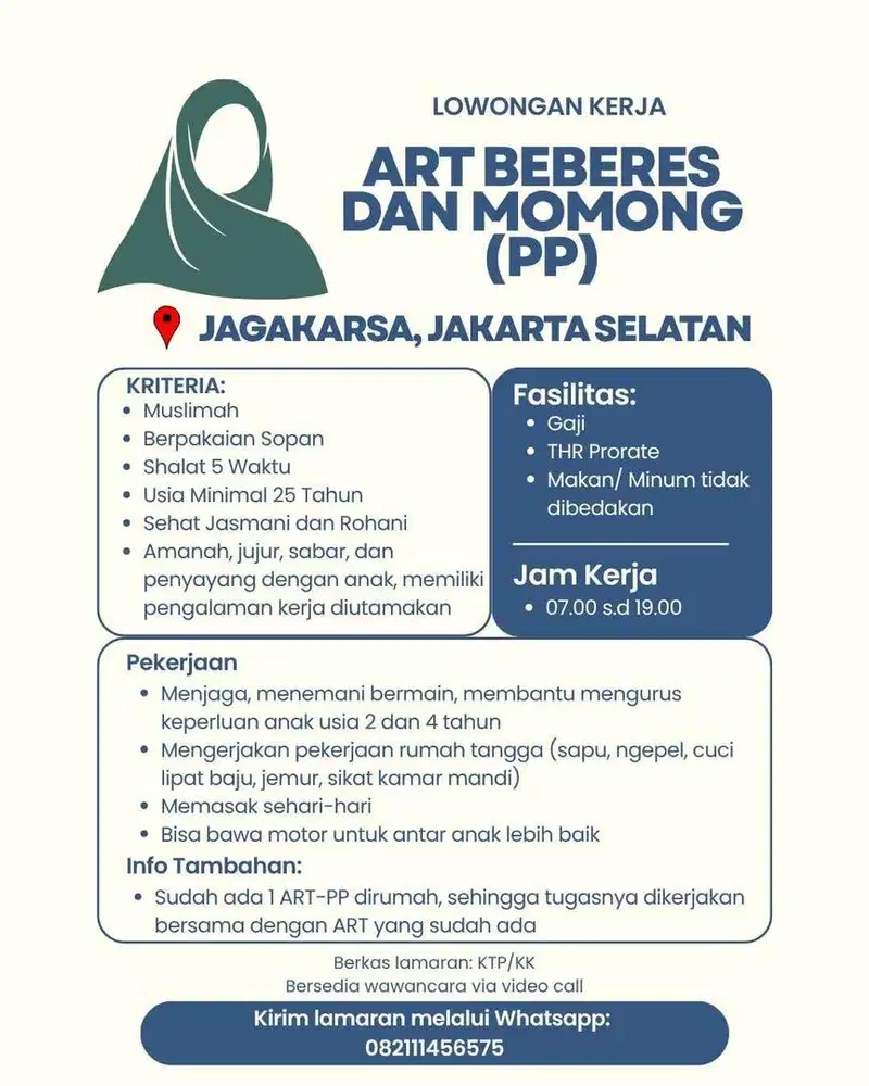 Lowongan ART Beberes dan Momong (PP) Jagakarsa