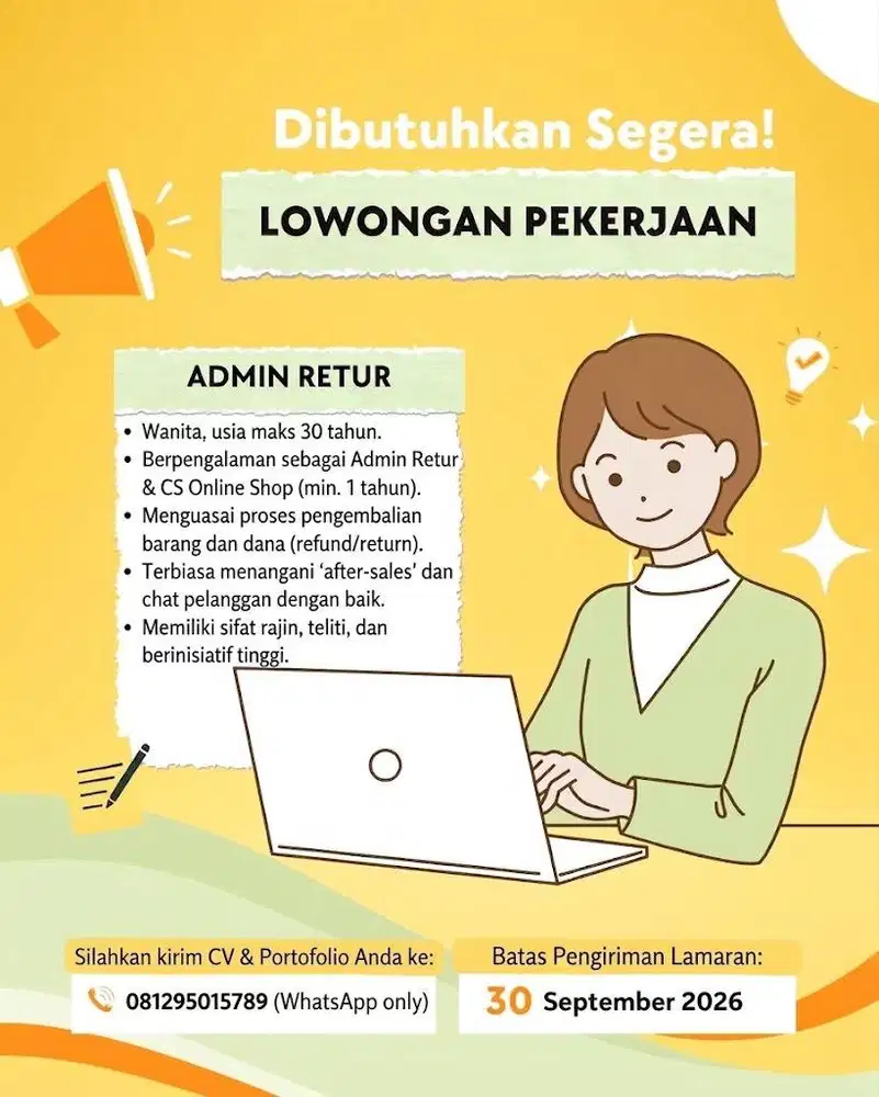 Dibutuhkan segeraa , Admin retur berpengalaman .