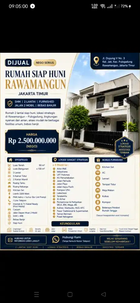 Rumah 2 Lantai Siap Huni Rawamangun Pulogadung LT 90m² SHM Furnished