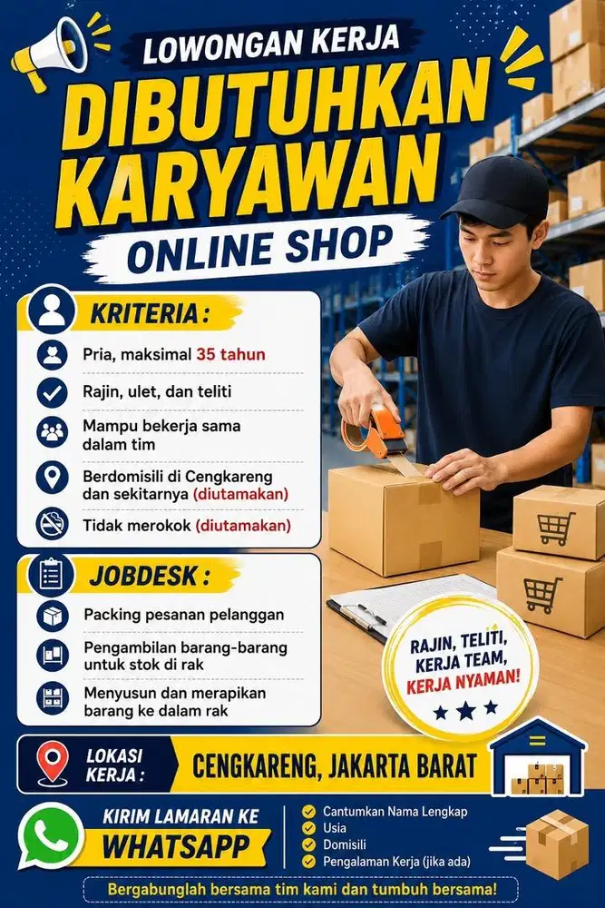 Dibutuhkan karyawan packing dan gudang helper