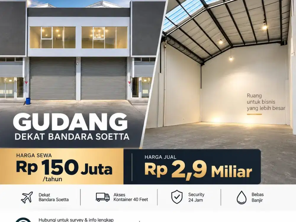DIJUAL/DISEWAKAN Gudang strategis dekat Bandara Soekarno-Hatta