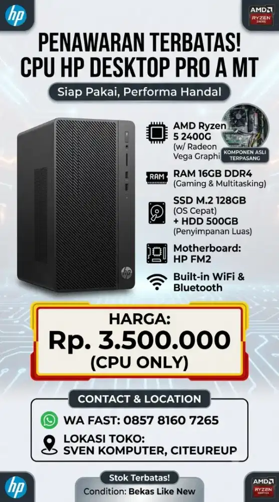 Cpu HP Desktop pro A MT
RYZEN 5 RAM 16GB SSD RADEON VEGA WIFI