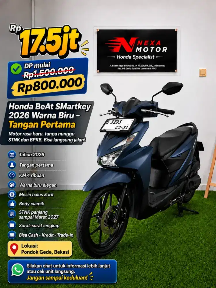 Rp17.5jt | Honda BeAt SMartkey | Tahun 2026 | Rasa Baru!