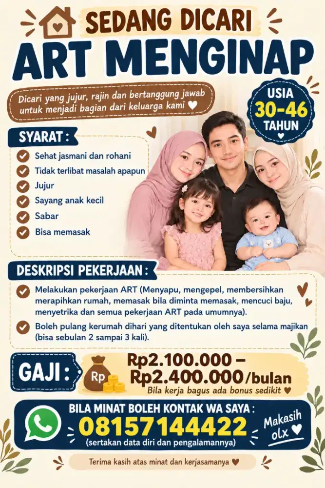 Dicari asisten rumah tangga menginap boleh pulang sebulan 3kali