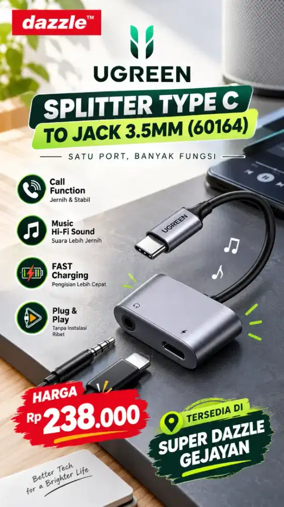 UGREEN SPLITTER TYPE C TO JACK 3.5MM (60164)