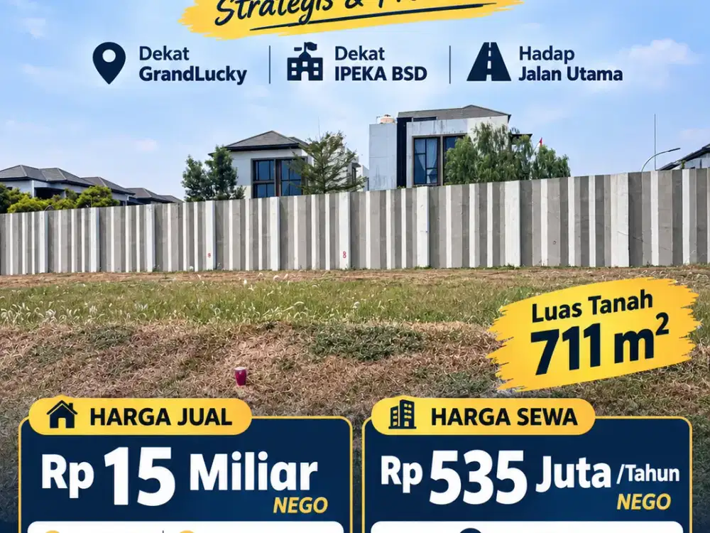 Kavling Komersial Zora BSD 711 m² – Hadap Jalan Utama, Rp15 M Nego