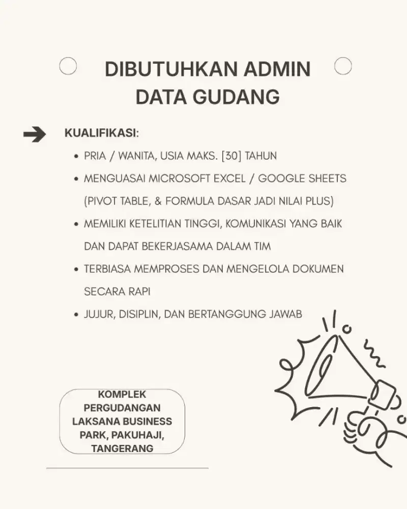 DIBUTUHKAN ADMIN & PEKERJA GUDANG HARIAN