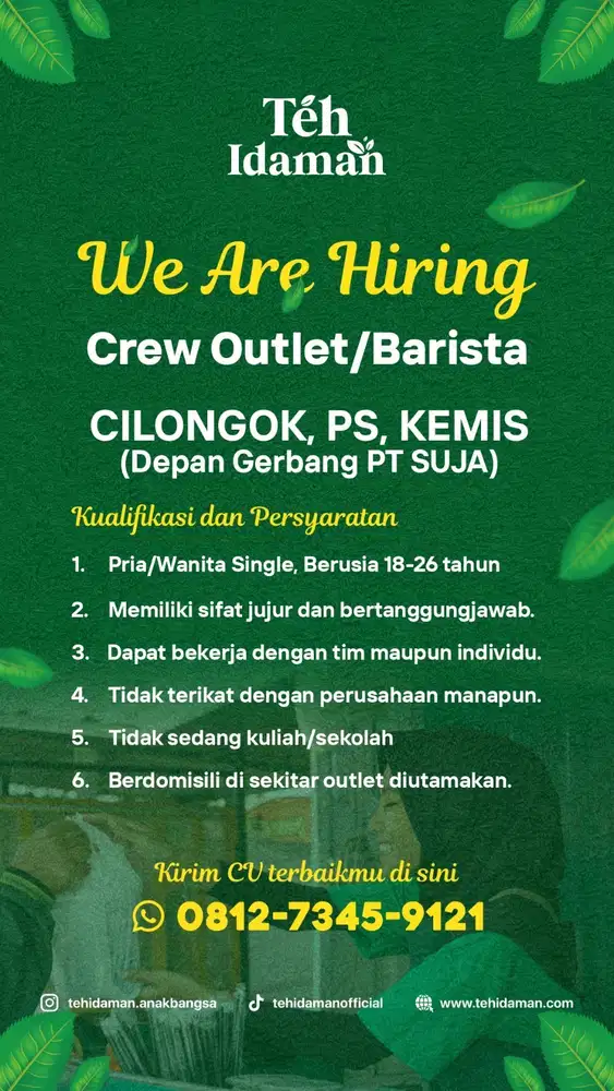 LOKER BARISTA/ CREW TEH IDAMAN Cilongok Pasar Kemis