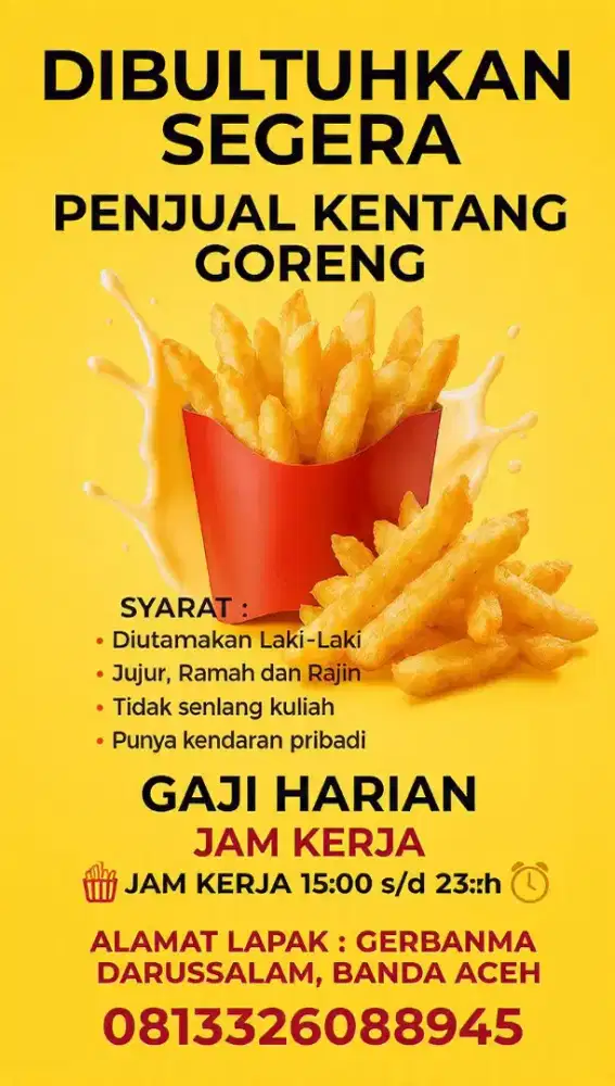 Lowongan kerja PRIA helper di Kentang Goreng