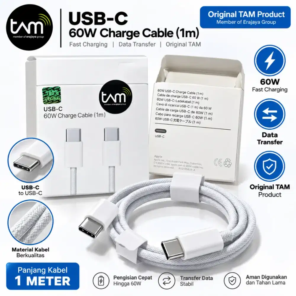 Kabel USB-C to USB-C 60W 1 Meter Original TAM – Fast Charging