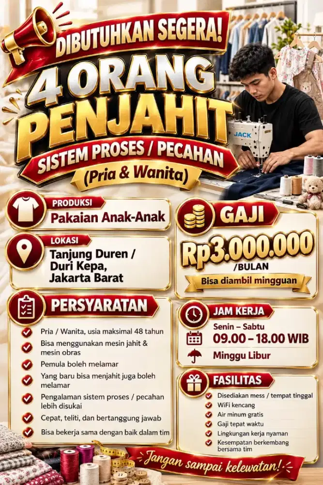 DIBUTUHKAN SEGERA 4 PENJAHIT BORONGAN SISTEM PROSES / PECAHAN