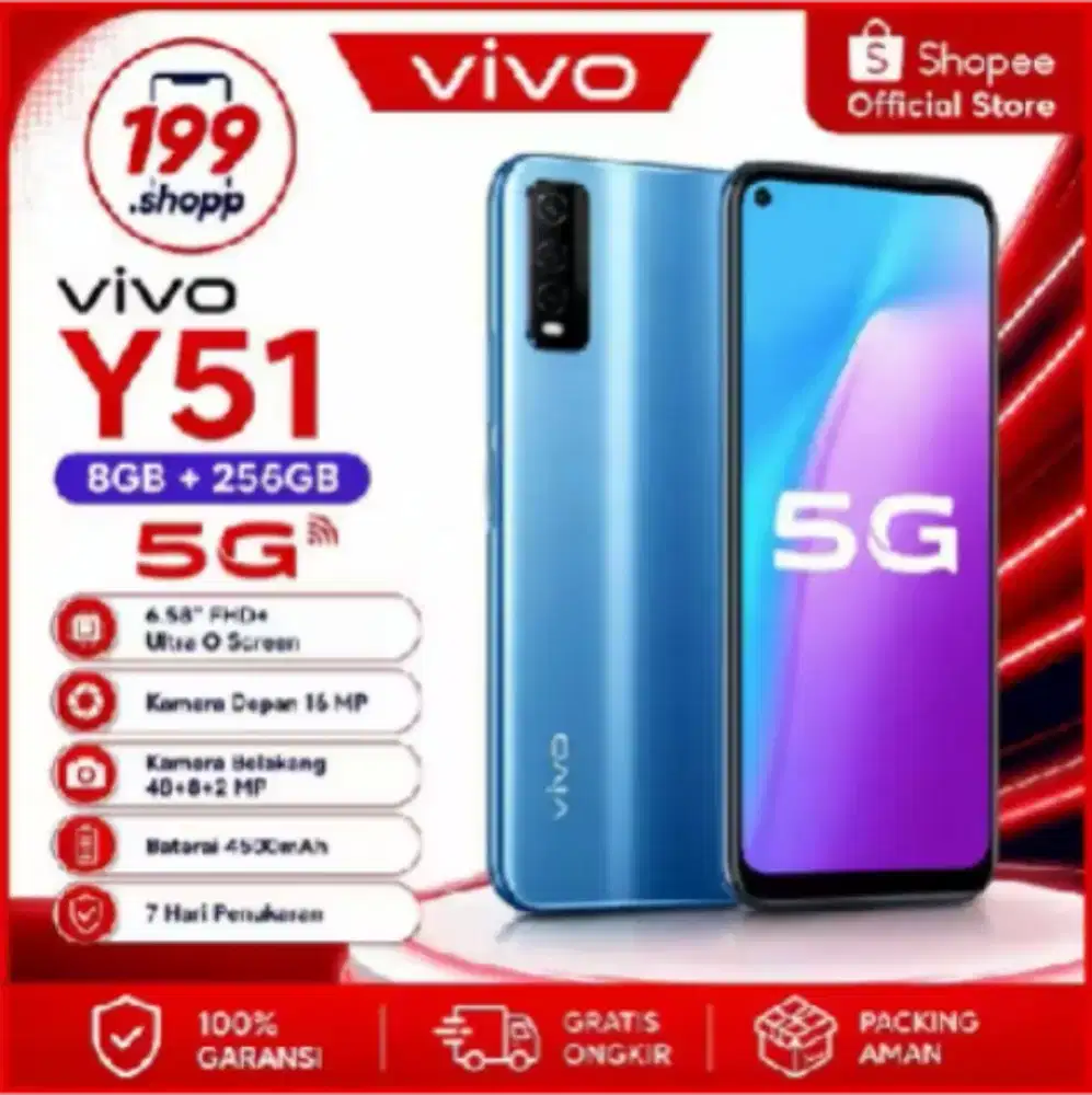 HP Vivo Y51s 5G 8GB+256GB layar 6.58 FHD+ kamera belakang 48Mp