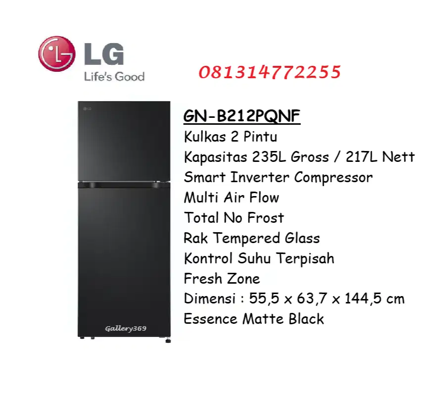 LG GN-B212PQNF Kulkas 2 Pintu 235L/217L Smart Inverter Compressor