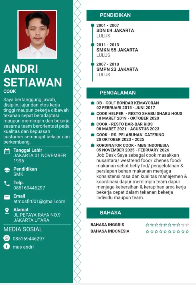 Mencari pekerjaan di bidangnya cook atau lainya.