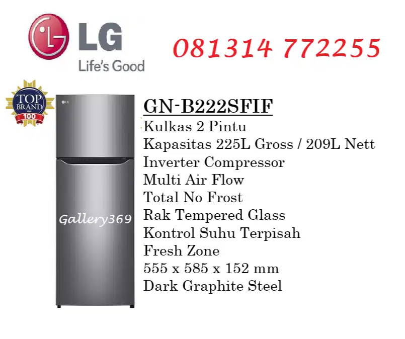 LG GN-B222SFIF Kulkas 2 Pintu 225L/209L Inverter Compressor