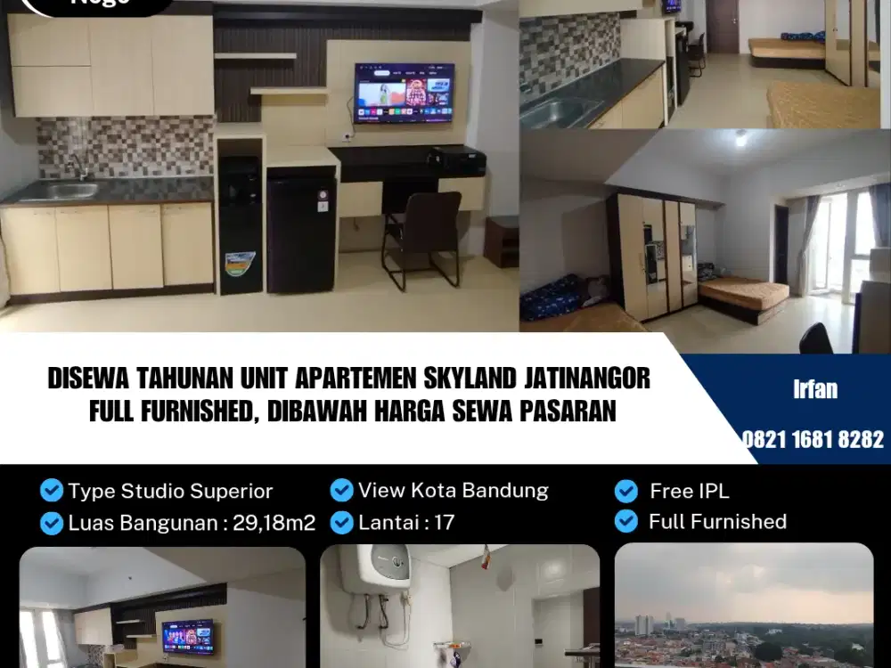 Disewa Tahunan Unit Apartemen Skyland Jatinangor 
Full Furnished, Dibawah Harga Sewa Pasaran