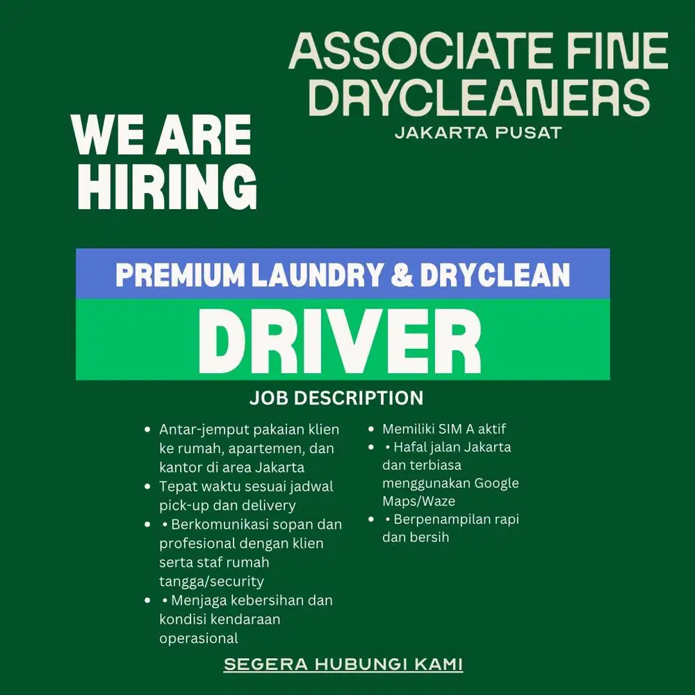 LOWONGAN SUPIR / DRIVER LAUNDRY DAN DRYCLEAN