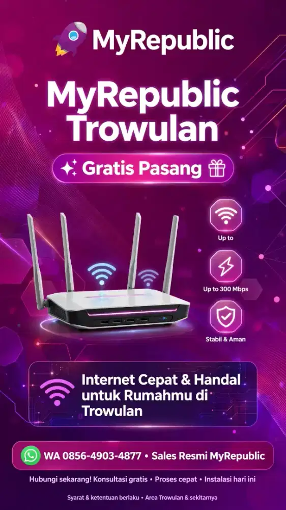 Pasang wifi myrepbulic Trowulan 100mbps 166rb gratis pasang