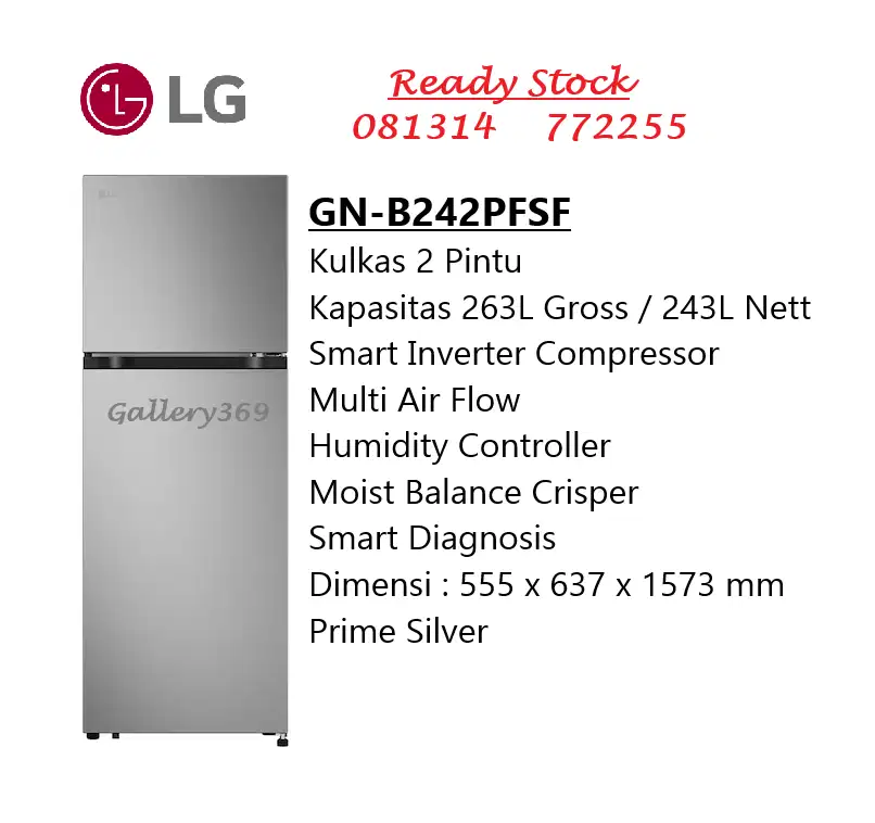 LG GN-B242PFSF Kulkas 2 Pintu 263L Smart Inverter Compressor Multi Air