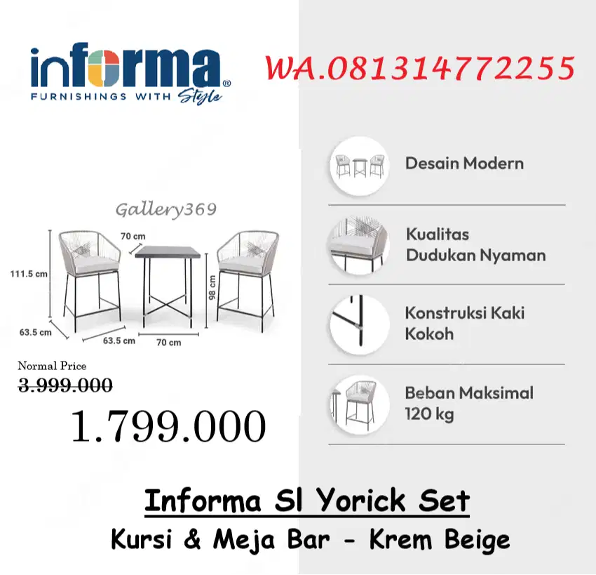 Informa SL Yorick Set Kursi & Meja Bar Krem Beige - Furniture Modern