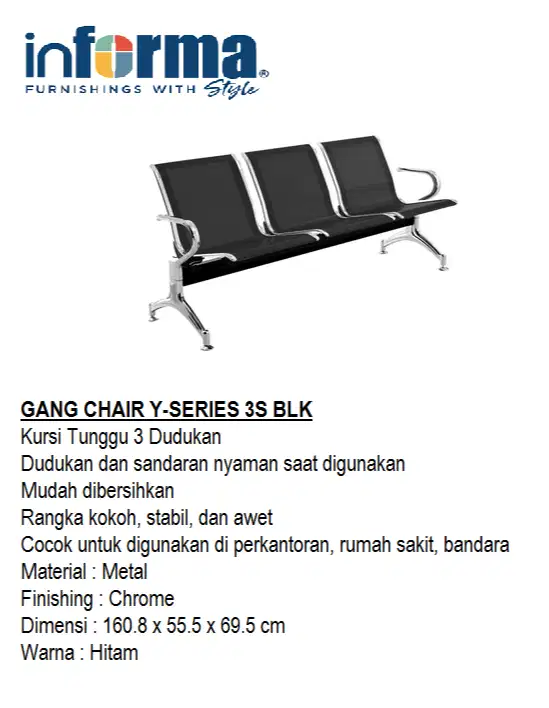 INFORMA Kursi Tunggu 3 Seater GANG CHAIR Y-SERIES 3S BL Kursi Tunggu