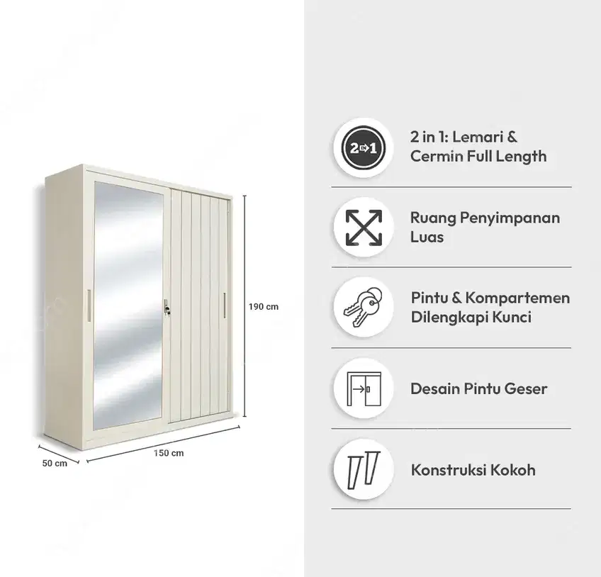 INFORMA Luca Lemari Pakaian Metal 2 Pintu Geser - Putih Wardrobe