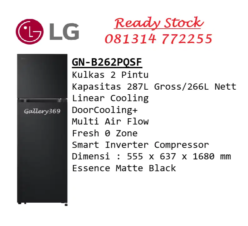 LG GN-B262PQSF Kulkas 2 Pintu 287L/266L Inverter Compressor Black