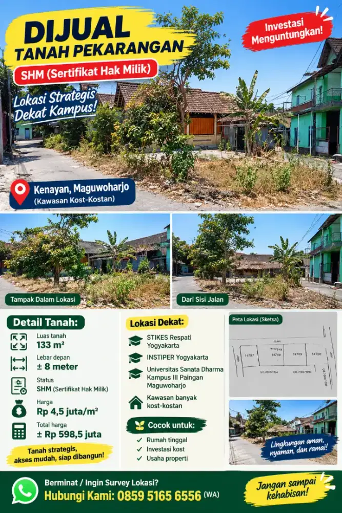 Dijual tanah strategis cocok untuk kost atau tempat tinggal di Maguwo